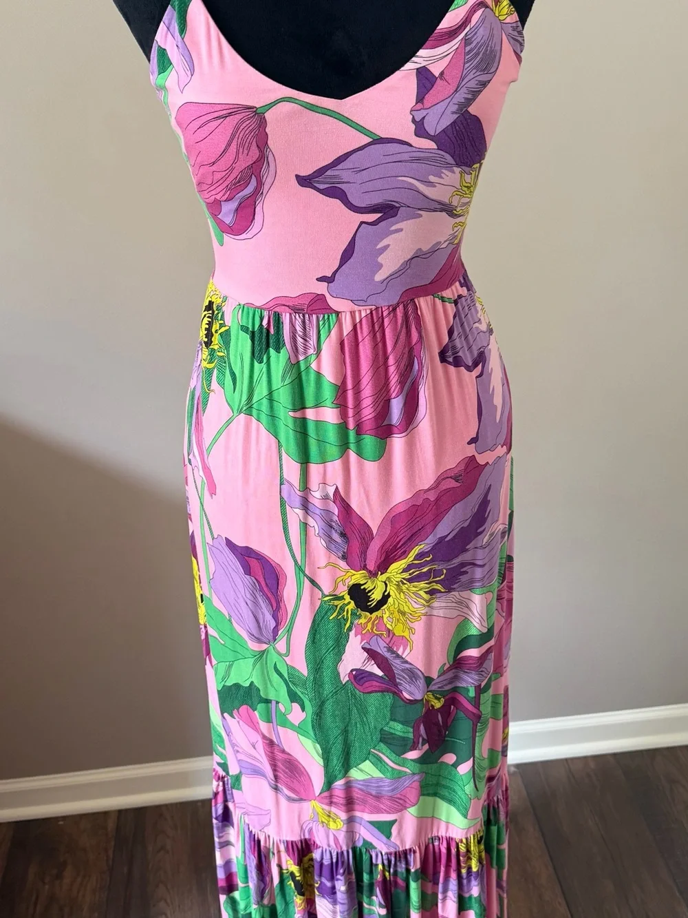 Express Pink Floral Spaghettie Strap Maxi Dress with Purple & Green Print XSmall